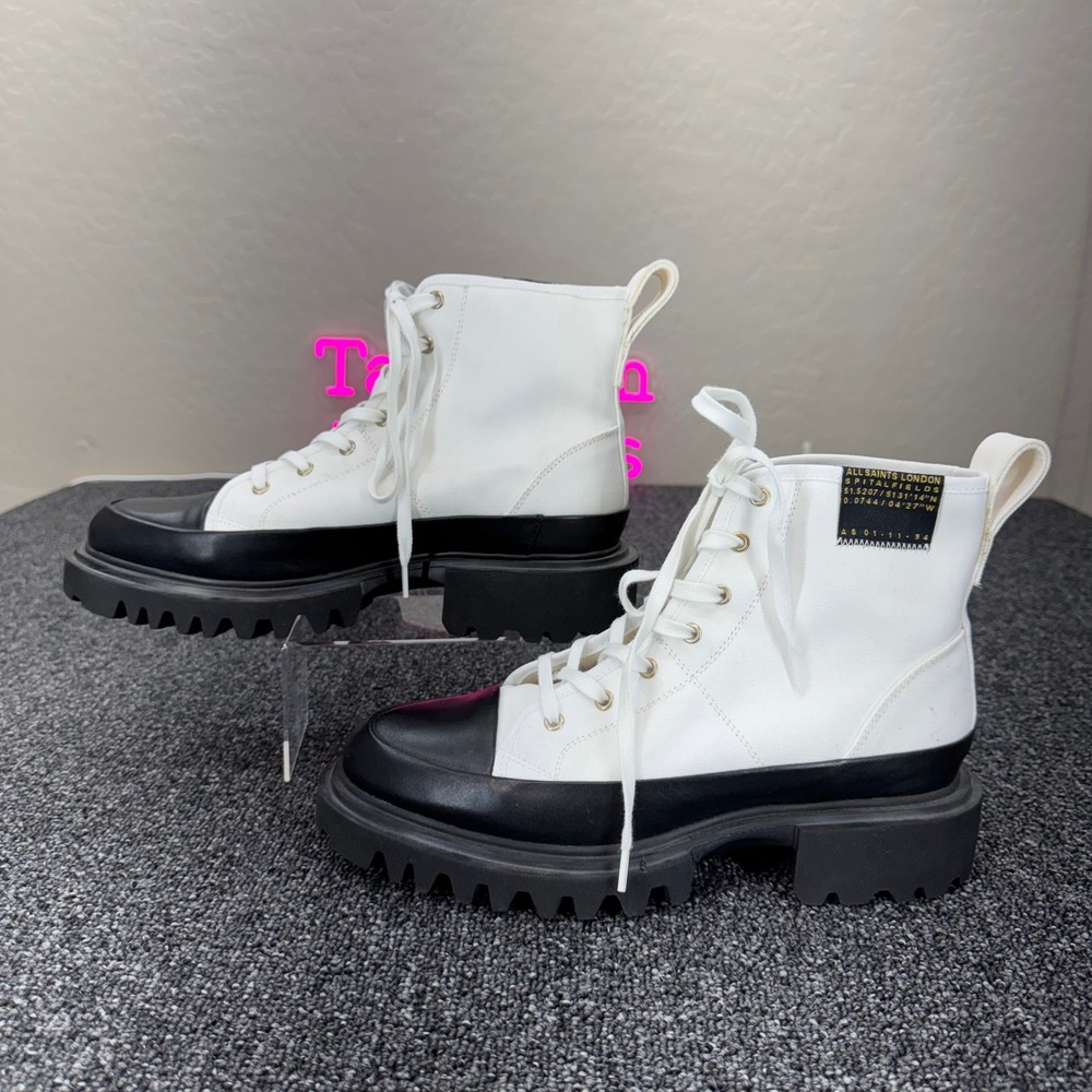 AllSaints Myla Canvas Leather Lug Sole Boots Womens 11 White Black combat grunge
